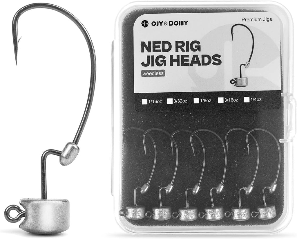 20Pack Weedless Ned Rig Jig Heads with Molded Bait Keeper System – Mushroom Head for Weedless Finesse Bass Fishing 1/16 1/8 3/16 1/4Oz