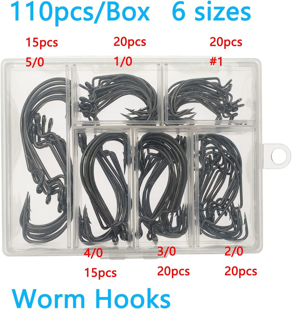 Worm Hooks for Bass Fishing Hooks, 110Pcs Bass Hooks Fishing, 6 Sizes Fishing Hooks Freshwater, Eagle Claw Hooks #1 1/0 2/0 3/0 4/0 5/0 Black High Carbon Steel with Portable Plastic Box