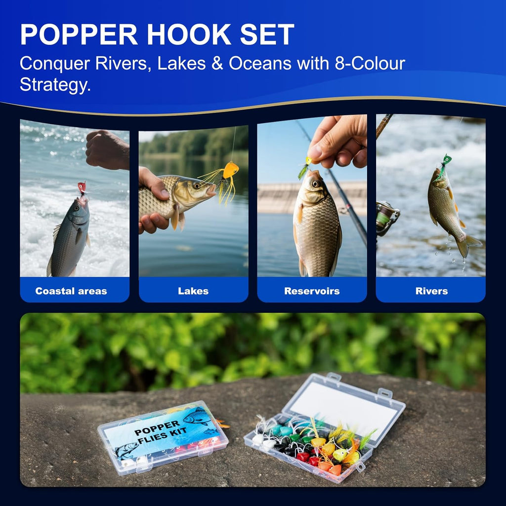 16 Pcs Topwater Fishing Lures Fly Fishing Poppers, 8 Color Popper Lures for Bass Bluegill Crappie Trout Salmon Panfish Perch, Topwater Lures Kit