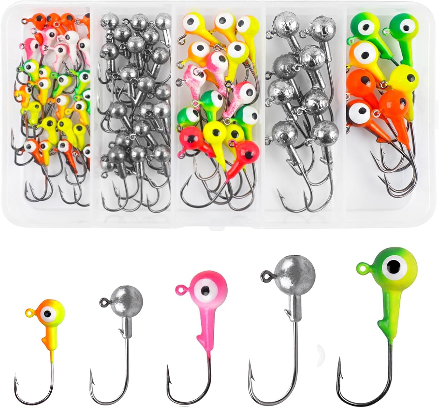 Fishing Jig Heads Hooks Set, 75Pcs Assorted round Jig Head Fishing Lures Crappie Jig Heads Hooks for Bass Trout Crappie Walleye Saltwater Freshwater Fishing Tackle