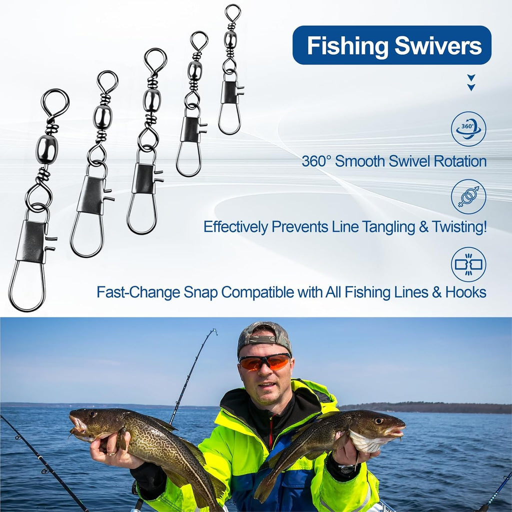 200PCS Ball Bearing Barrel Snap Swivels, Heavy Duty Fishing Swivels with Safety Snap, Anti-Tangle Fishing Tackle Connectors for Freshwater Saltwater Lures Hooks