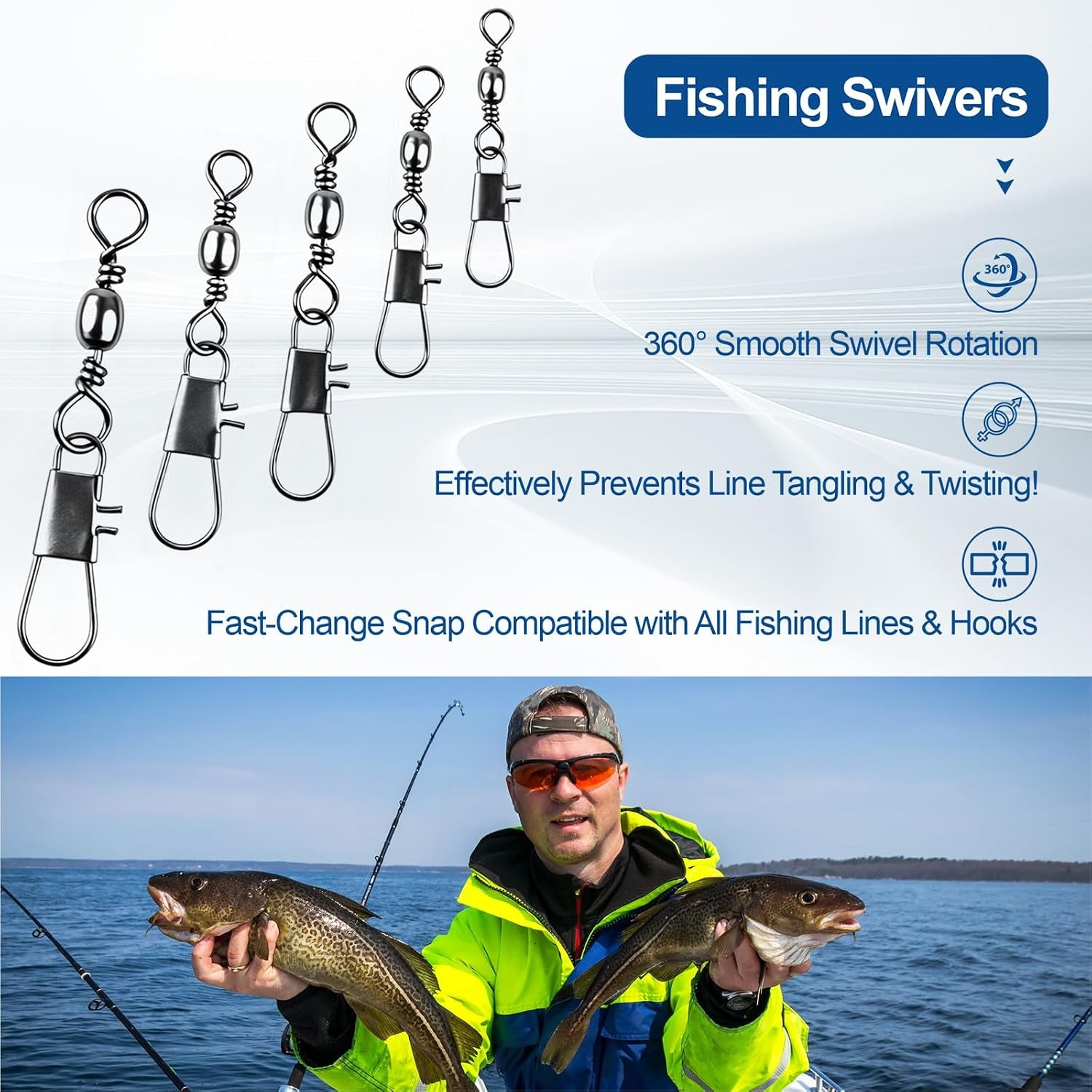 200PCS Ball Bearing Barrel Snap Swivels, Heavy Duty Fishing Swivels with Safety Snap, Anti-Tangle Fishing Tackle Connectors for Freshwater Saltwater Lures Hooks