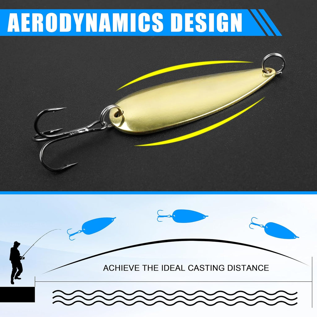 Fishing Spoons Metal Fishing Lures Kit, 5Pcs Gold Metal Jigging Trout Lures Casting Trolling Spoon with with Treble Hooks for Trout Bass Pike Walleye Crappie Bass Salmon