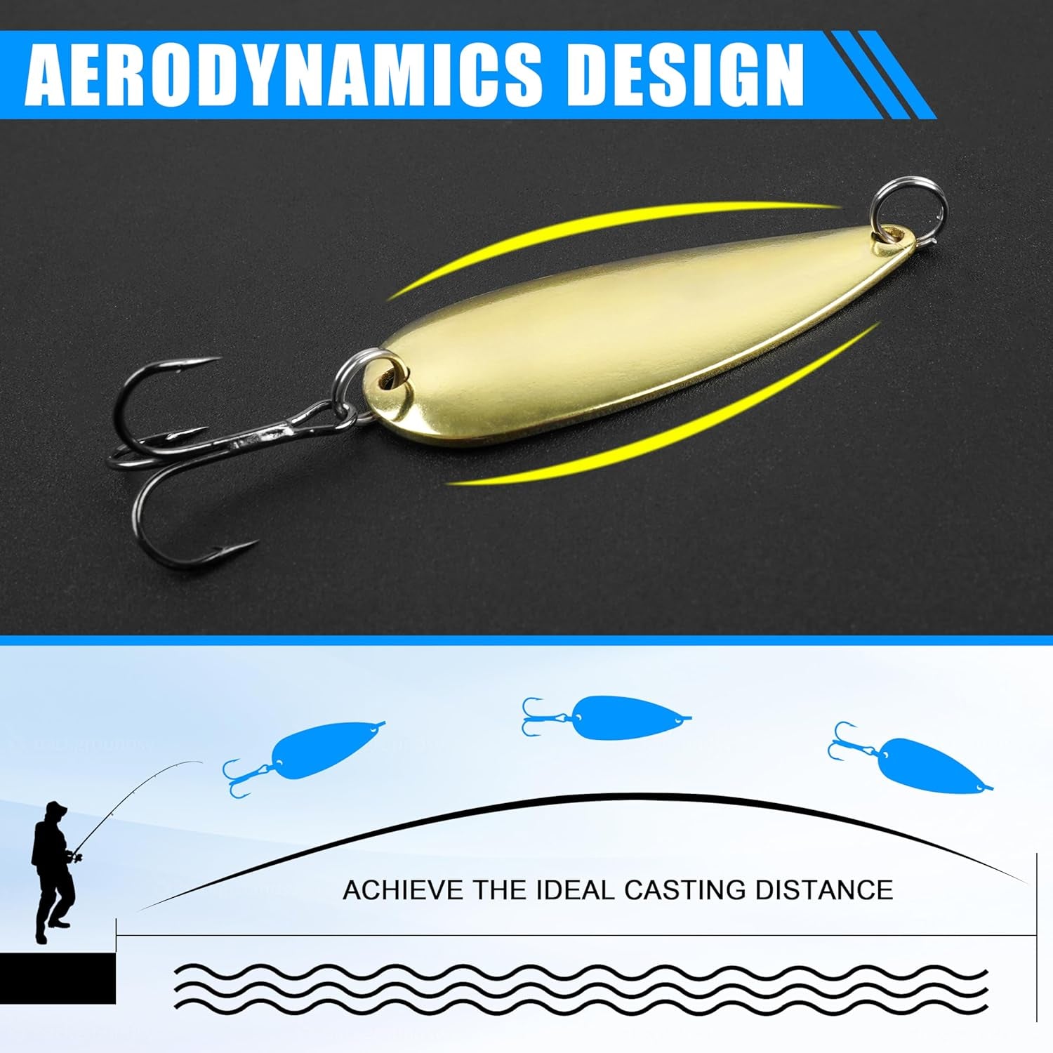 Fishing Spoons Metal Fishing Lures Kit, 5Pcs Gold Metal Jigging Trout Lures Casting Trolling Spoon with with Treble Hooks for Trout Bass Pike Walleye Crappie Bass Salmon