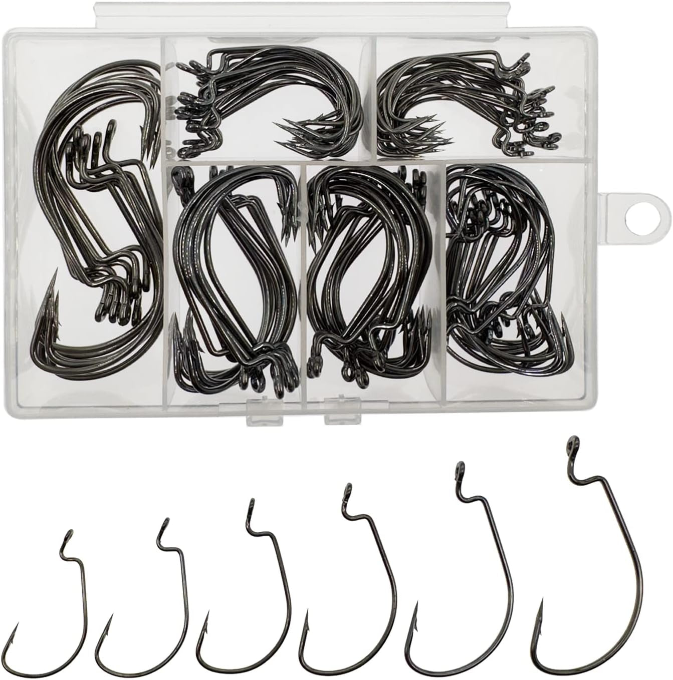 Worm Hooks for Bass Fishing Hooks, 110Pcs Bass Hooks Fishing, 6 Sizes Fishing Hooks Freshwater, Eagle Claw Hooks #1 1/0 2/0 3/0 4/0 5/0 Black High Carbon Steel with Portable Plastic Box