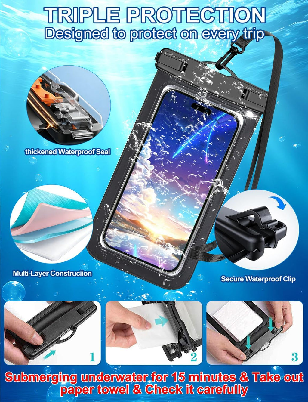 Waterproof Phone Pouch,3 Pack Multicolor Cell Phone Waterproof Case Dry Bag,Protection Level: Ip68,Beach Cruise for Apple Iphone,Samsung,And More,Lanyard Included,(Fits up to 8.3”),Red,Purple,Yellow