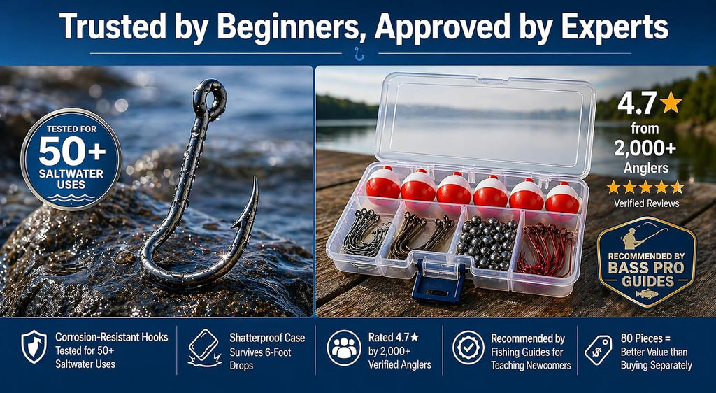Fishing Tackle Kit Beginners Equipment 80 Pcs-Includes Fishing Hooks Bobbers Circle Octopus Hooks Sinkers| Starter Kit for Artificial and Live Baits (80-Pcs)