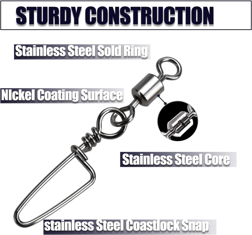 Fishing Snap Swivel High Strength Rolling Swivel with Coastlock Snap Steel Swivel 100LB Saltwater Freshwater Fishing Corrosion Resistant 50Pcs