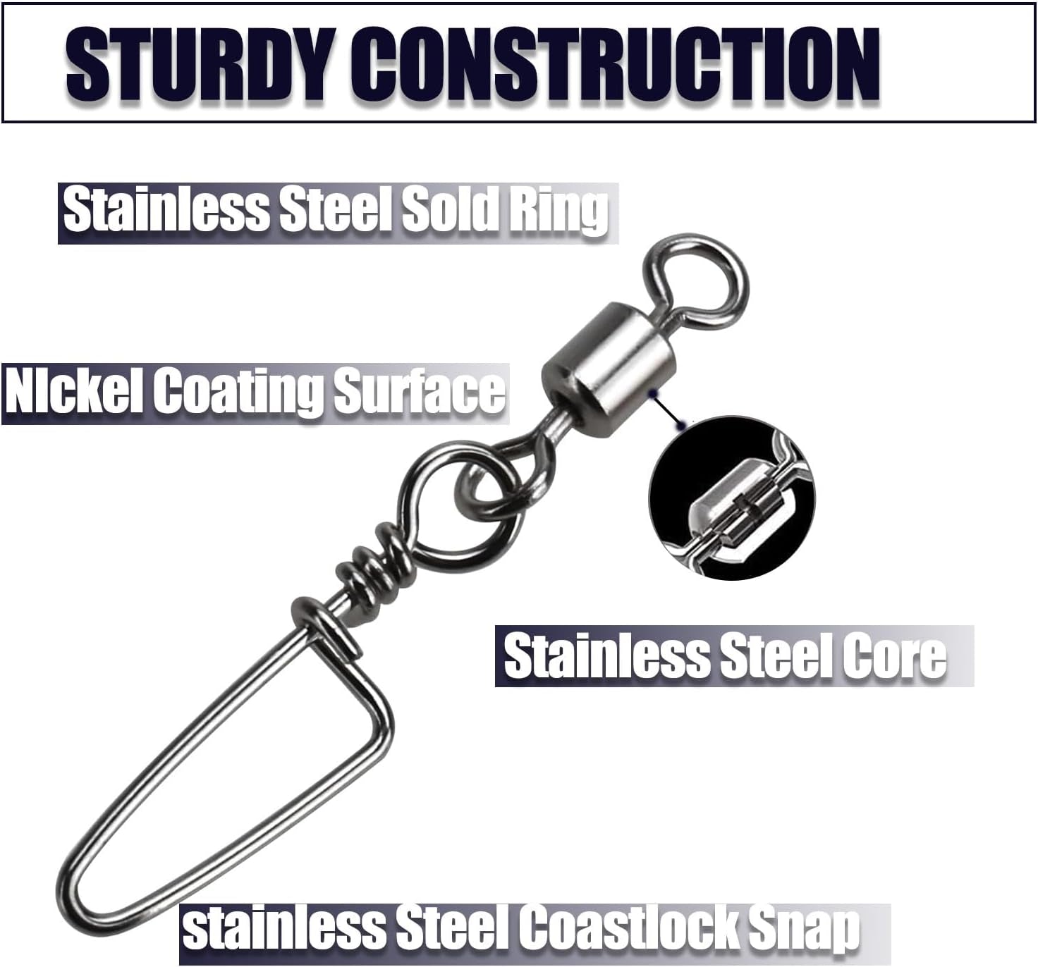 Fishing Snap Swivel High Strength Rolling Swivel with Coastlock Snap Steel Swivel 100LB Saltwater Freshwater Fishing Corrosion Resistant 50Pcs