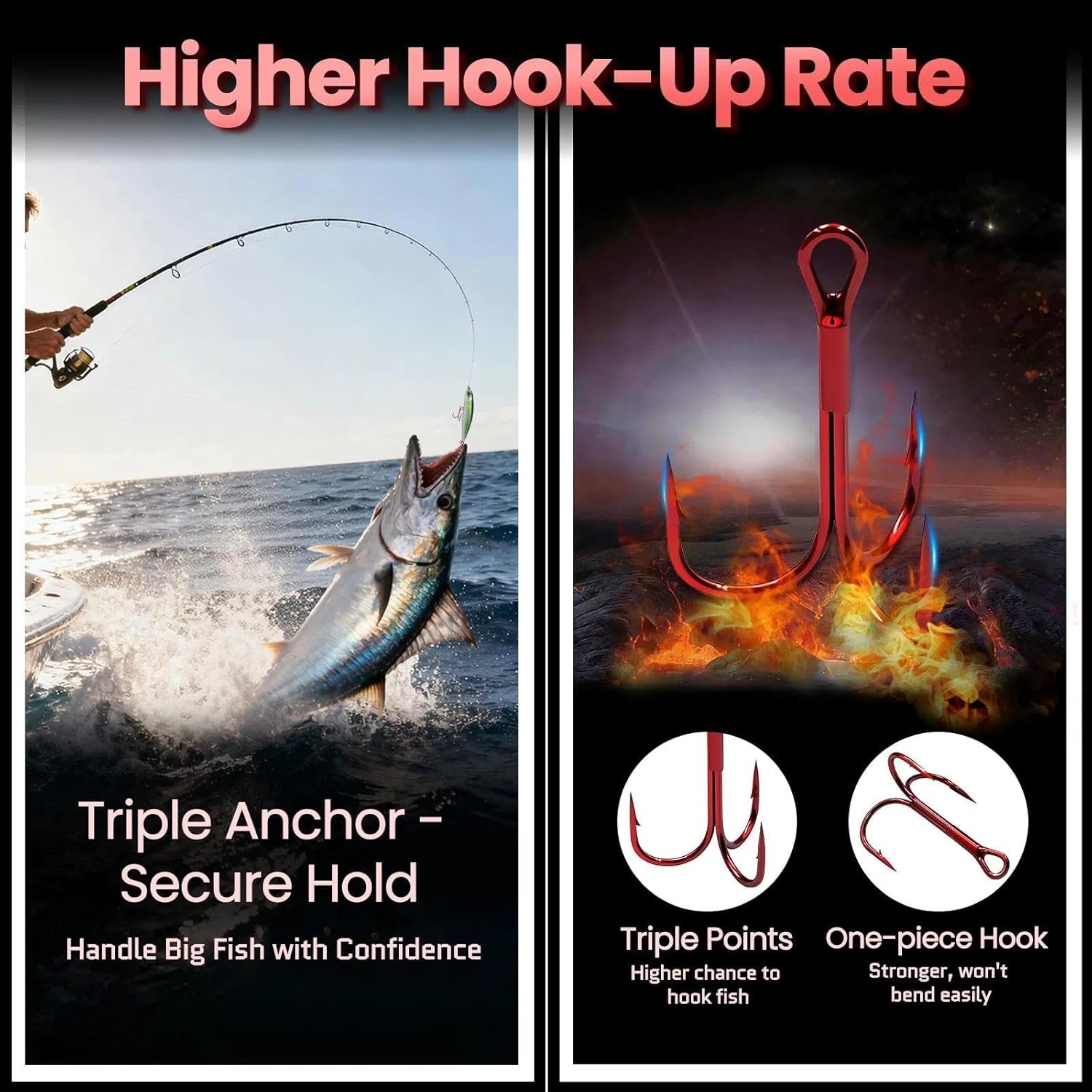 Fishing Treble Hooks Red, 25Pcs Triple Hooks High Carbon Steel Barbed Sharp, Replacement Fishing Hooks on Hard Lures for Freshwater Saltwater