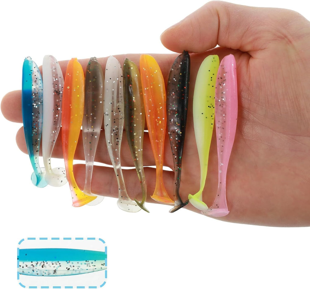 50 Pcs Soft Silicone Paddle Tail Swim Baits Fishing Lures | Pre-Rigged Jig Head, Bass Fishing Bait, Trout, Saltwater Freshwater, Glide Bait
