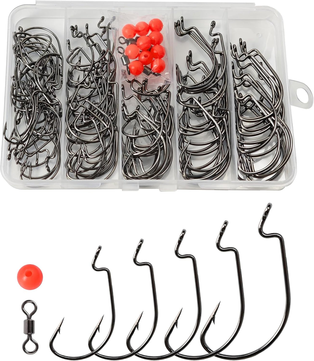 135Pcs Bass Fishing Hooks Set - 110Pcs High Carbon Steel Offset Worm Hooks Assortment #1, 1/0, 2/0, 3/0, 4/0 with 10Pcs 8Mm Red Beads and 5Pcs #2 Barrel Swivels - EWG Hooks for Plastic Worms
