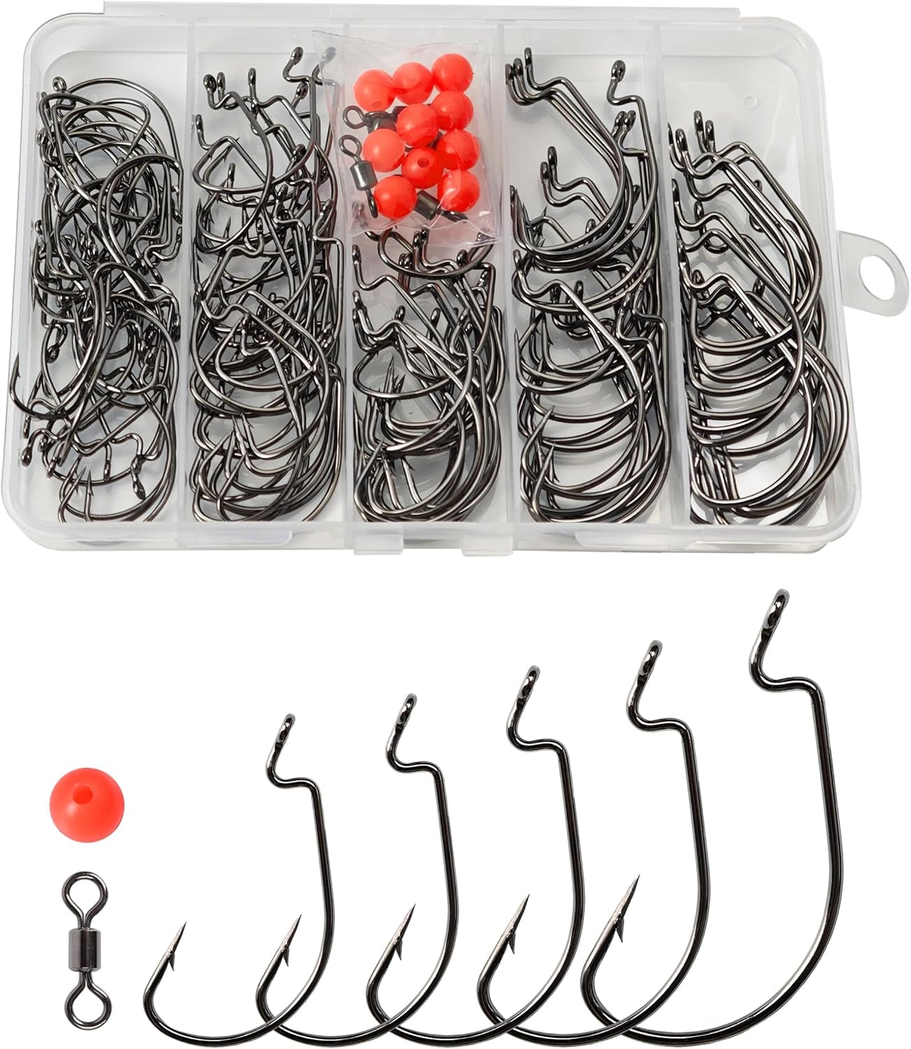 135Pcs Bass Fishing Hooks Set - 110Pcs High Carbon Steel Offset Worm Hooks Assortment #1, 1/0, 2/0, 3/0, 4/0 with 10Pcs 8Mm Red Beads and 5Pcs #2 Barrel Swivels - EWG Hooks for Plastic Worms