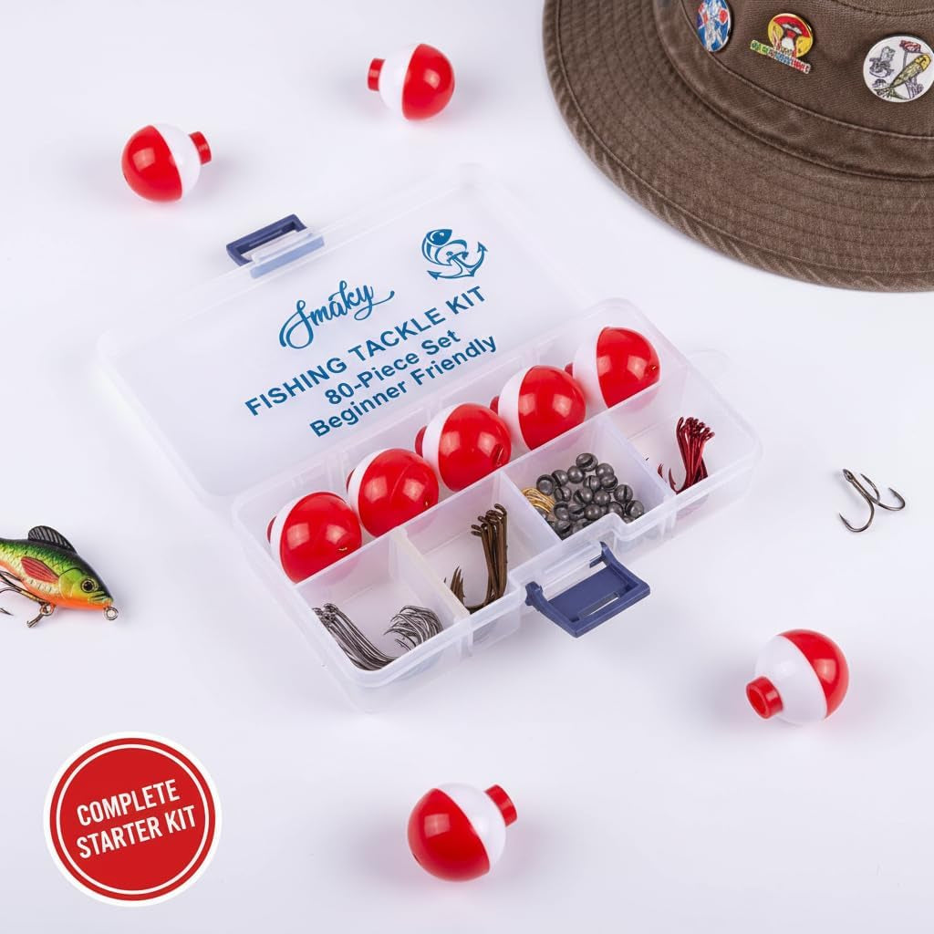 Fishing Tackle Kit Beginners Equipment 80 Pcs-Includes Fishing Hooks Bobbers Circle Octopus Hooks Sinkers| Starter Kit for Artificial and Live Baits (80-Pcs)