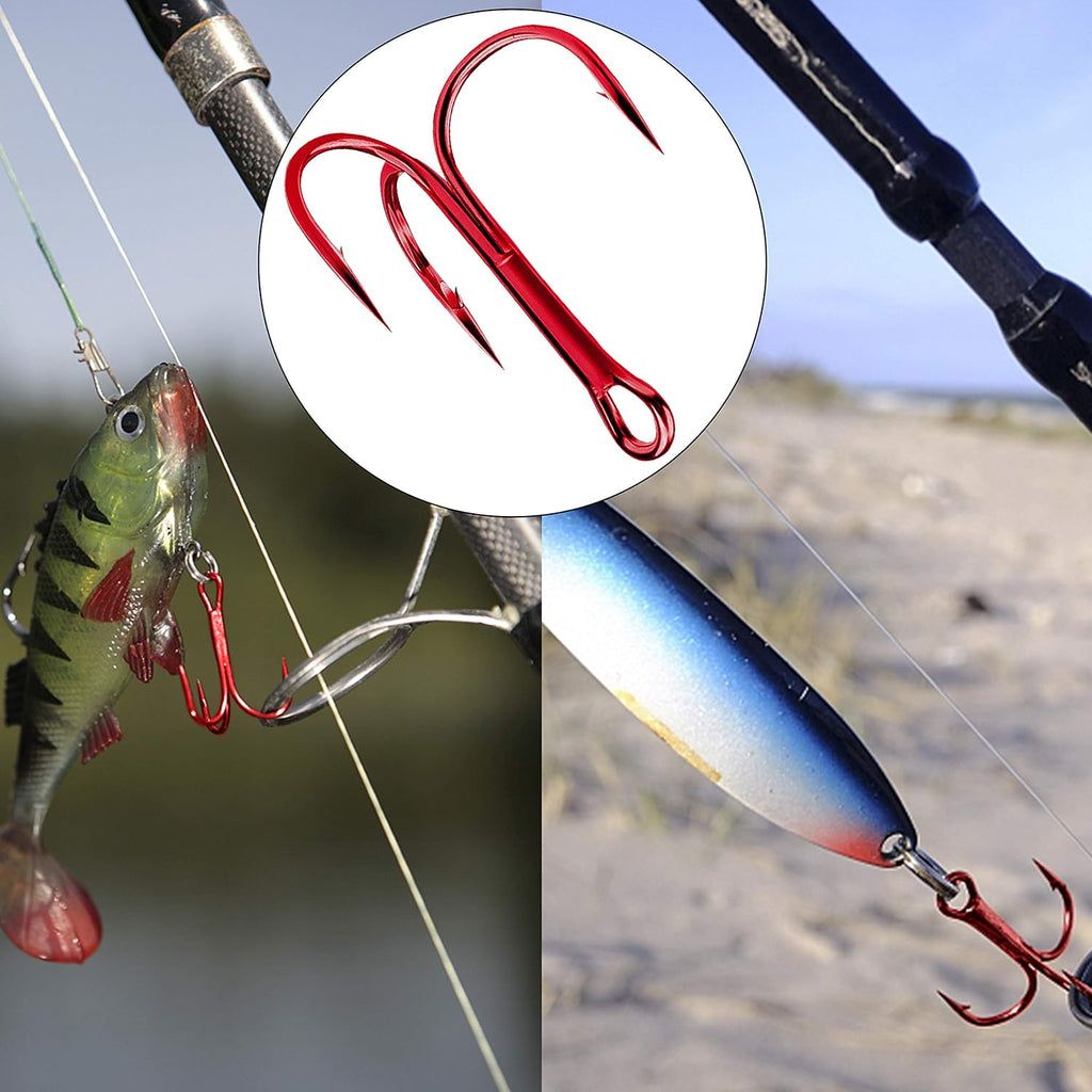 Red Treble Hooks Kit, Circle round Bend Triple Fishing Hooks Stainless Steel Double Split Rings Assorted Fishing Tackle Box Kit for Fishing Gear Equipment Freshwater Saltwater