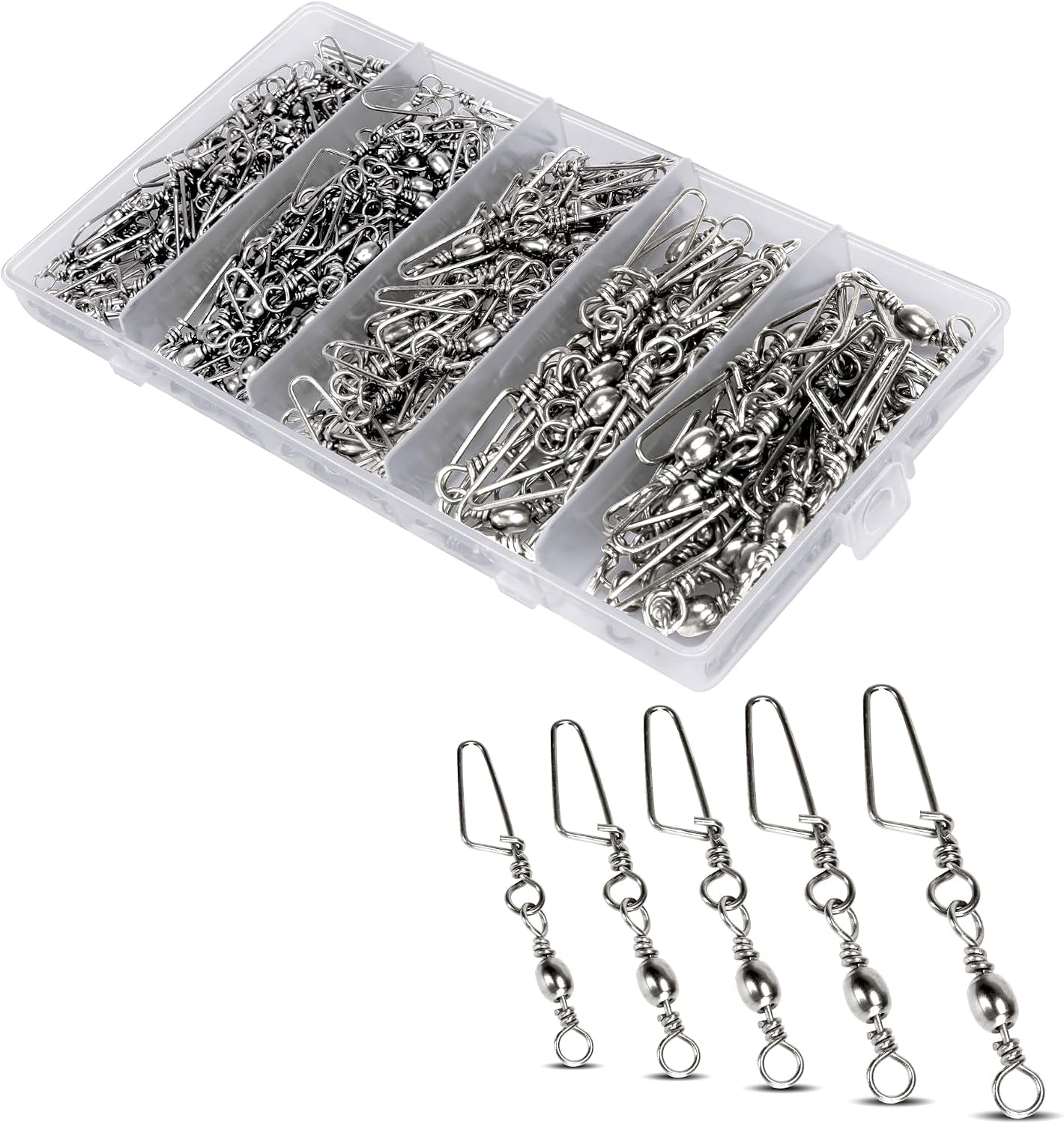 150PCS Fishing Swivels Snaps Kit, Ball Bearing Barrel Swivels Fishing Tackle 2# 4# 6# 8# 10#, Quick Change Snap Swivels Fishing Tackle, Saltwater Freshwater Fishing Accessories Gift
