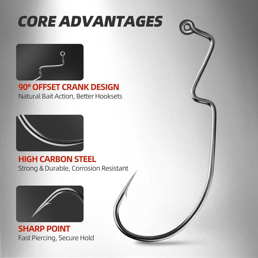 30PCS Drop Shot Offset Worm Hooks - High Carbon Steel Crank Hooks for Bass Fishing, Fits Palomar Knot & All Soft Plastics, Multi-Rig Weedless Fishing Hooks