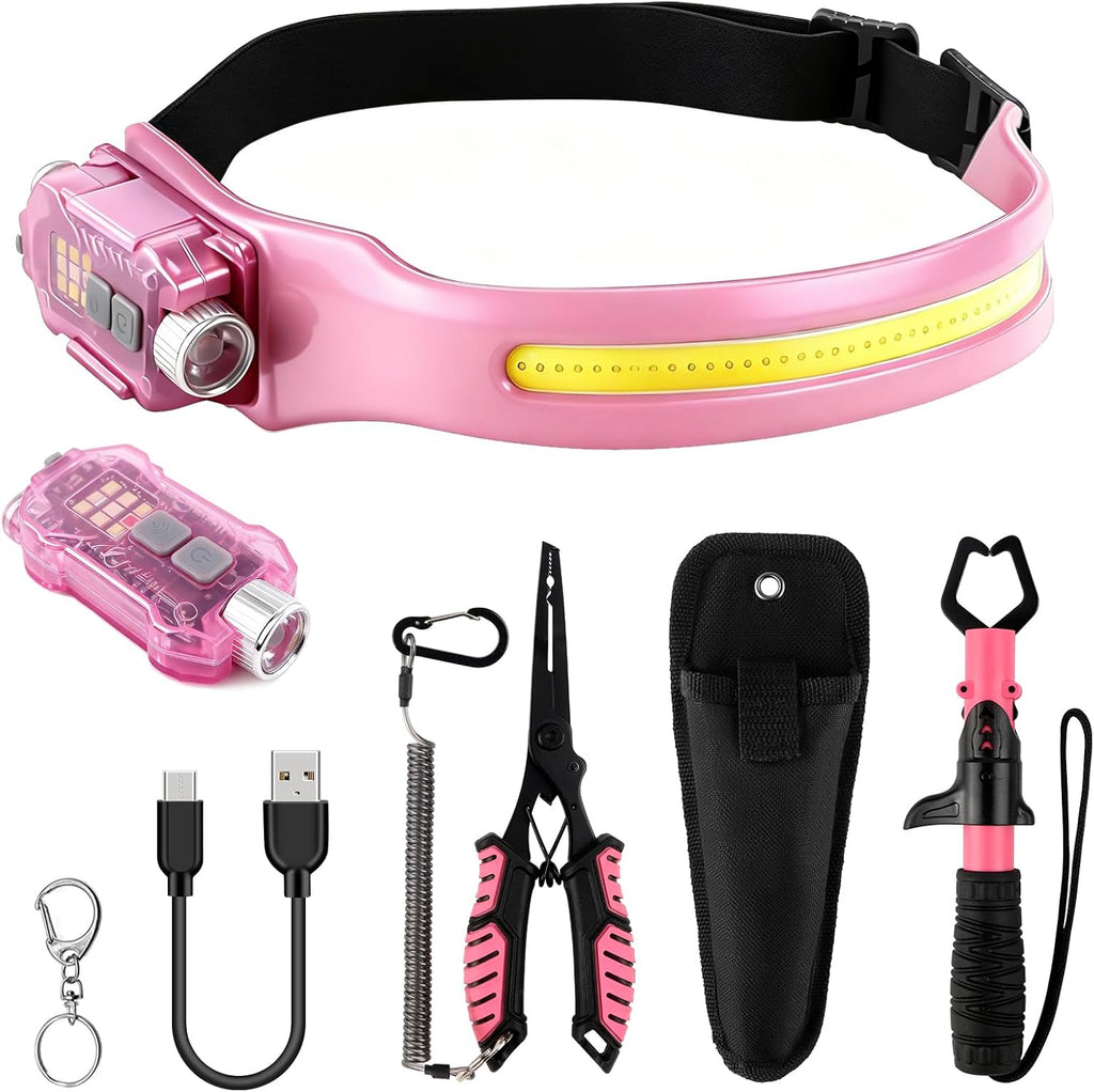 Pink Fishing Tool Set, 9 Modes Rechargeable LED Headlamp, Long Nose Fishing Pliers, Fish Lip Gripper, Night Fishing Gear Kit Fishing Gift for Men Women