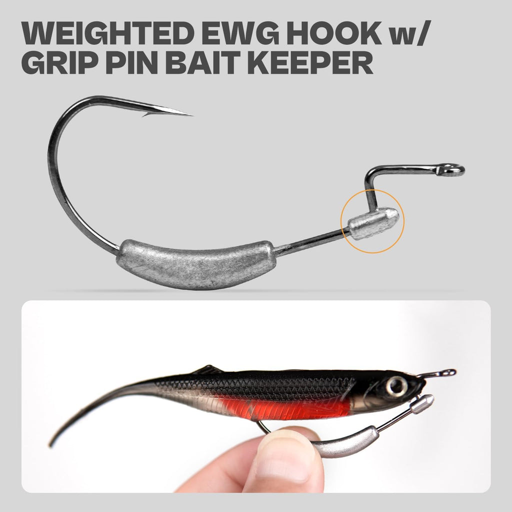 Weighted Swimbait Hooks with Molded Bait Keeper, Equipped with Weedless EWG Worm Fishing Hooks 2/0 3/0 4/0 5/0 1/16 1/8 3/16 1/4Oz (15 Pcs)