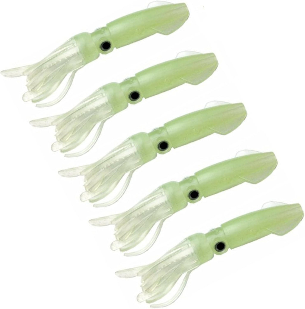 Soft Luminous Octopus Trolling Saltwater Bait Squid Skirt Fishing Lures Glow in Dark,4.13Inch,(Green 5Pcs)