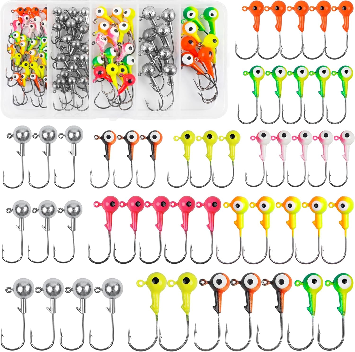 Fishing Jig Heads Hooks Set, 75Pcs Assorted round Jig Head Fishing Lures Crappie Jig Heads Hooks for Bass Trout Crappie Walleye Saltwater Freshwater Fishing Tackle